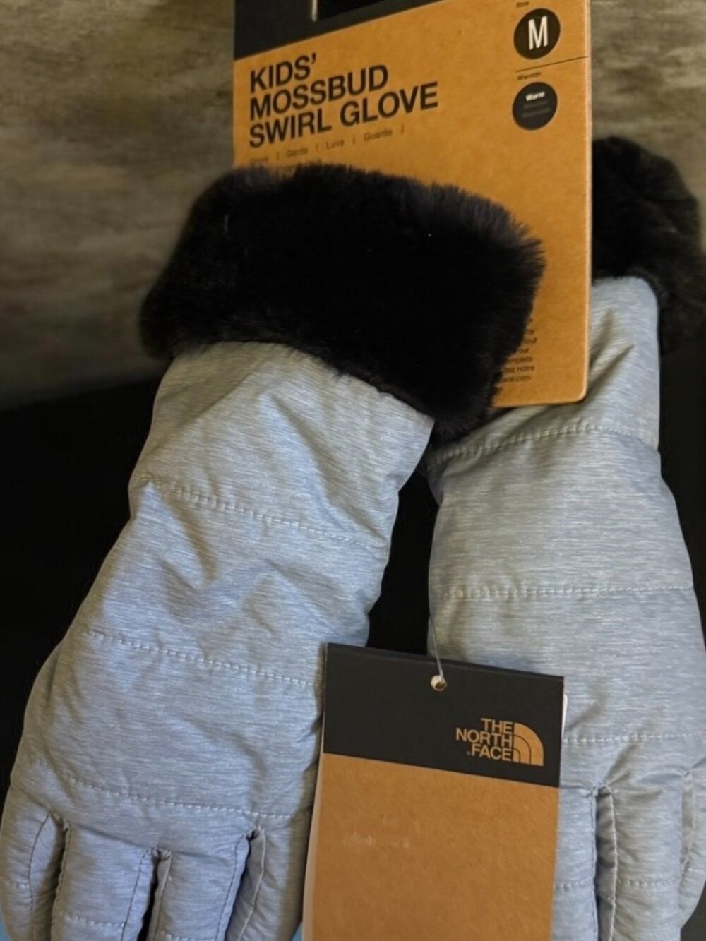 The North Face Kids Mossbud Swirl Fleece Gloves Medium 8" Grey Heather Black NWT